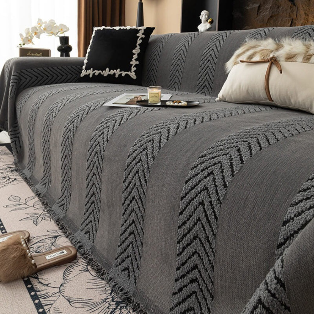 Large Monochrome Jacquard Sofa Blanket for Pet Protection – Gray