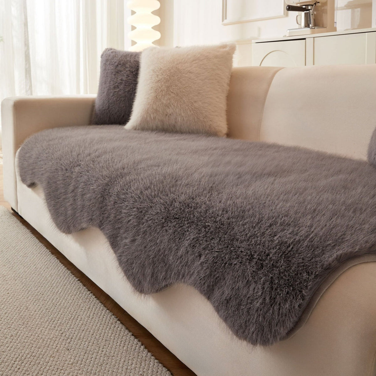 Plush Grey Fabric Sofa Slipcover