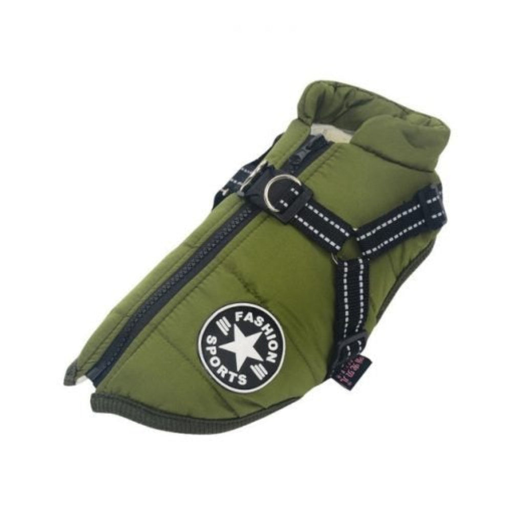 Rainproof pet coat with built-in harness – Green