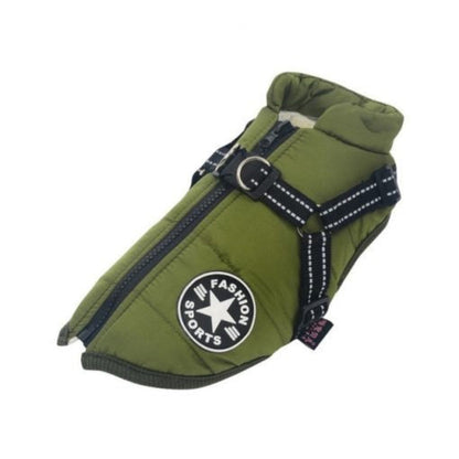 Rainproof pet coat with built-in harness – Green