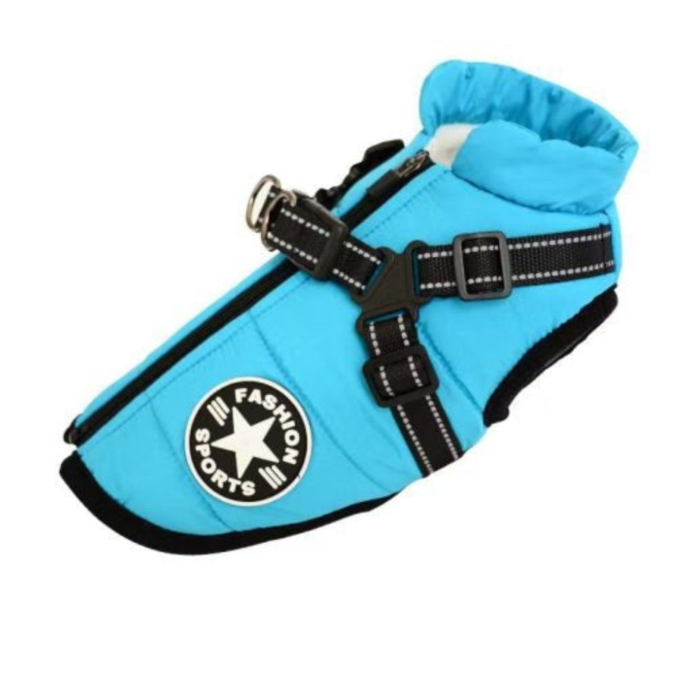 Rainproof pet coat with built-in harness – Light Blue