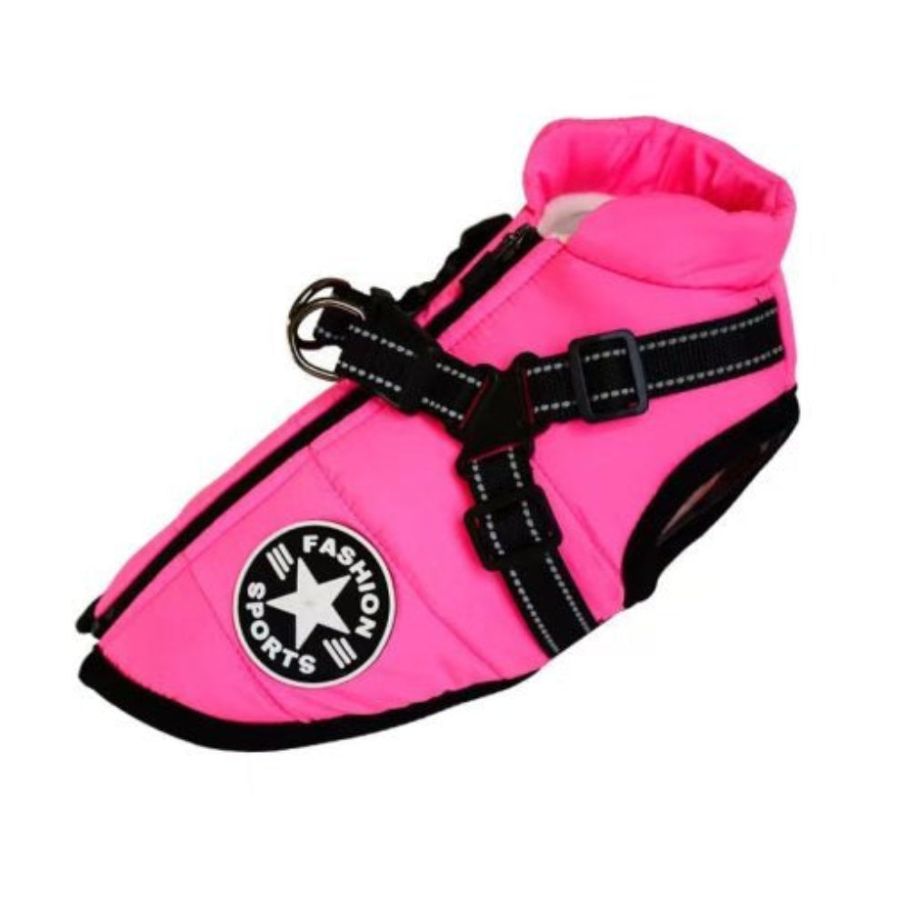 Rainproof pet coat with built-in harness – Pink