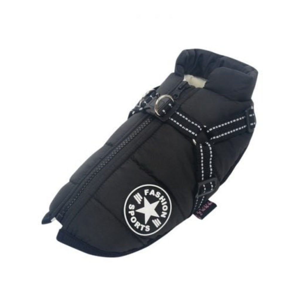 Rainproof pet coat with built-in harness – Black