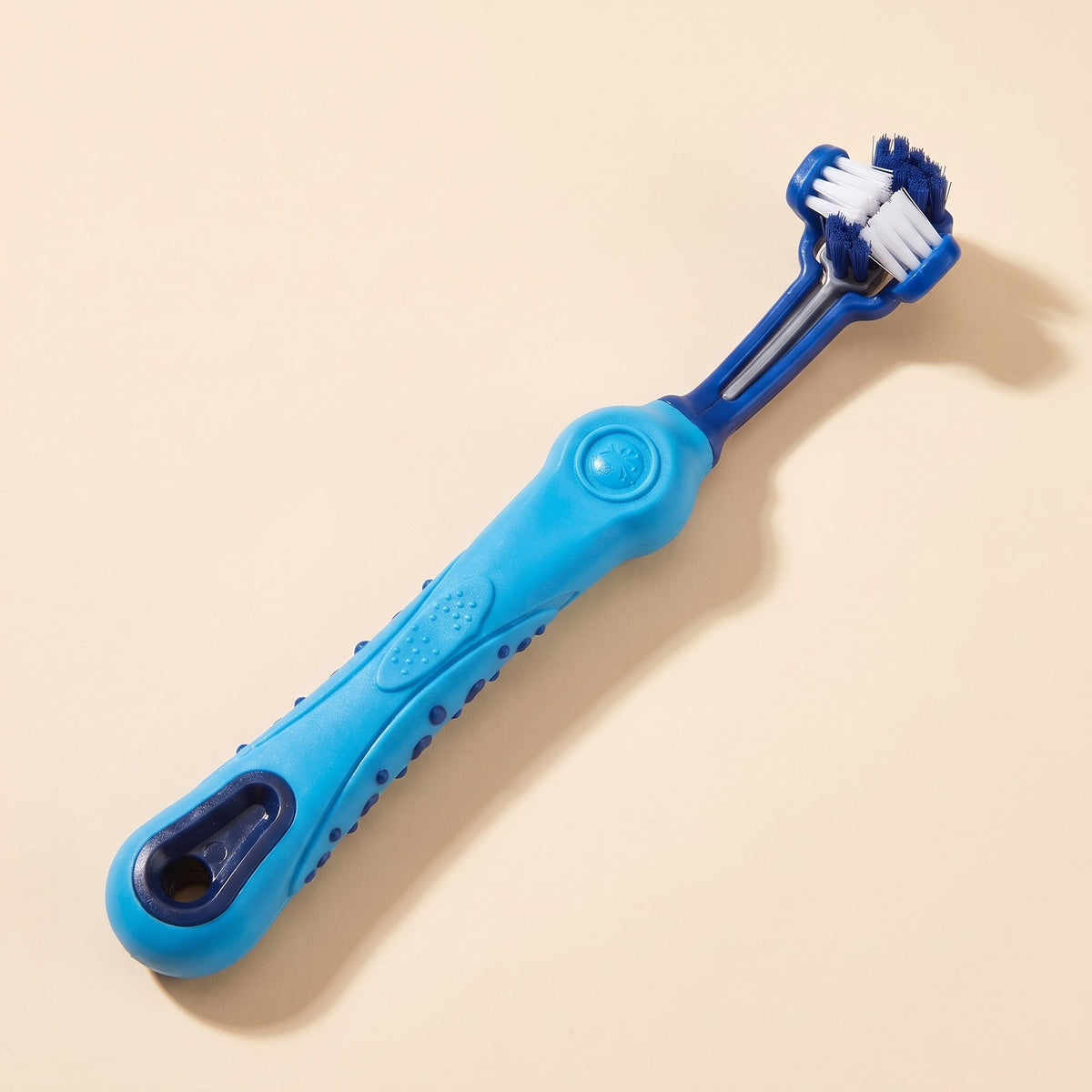 Easy 3 Head Pet Toothbrush in blue with dark blue neck, showing the three U-shaped bristle heads and textured handle