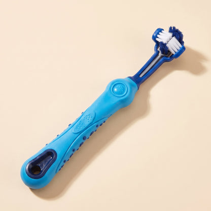 Easy 3 Head Pet Toothbrush in blue with dark blue neck, showing the three U-shaped bristle heads and textured handle