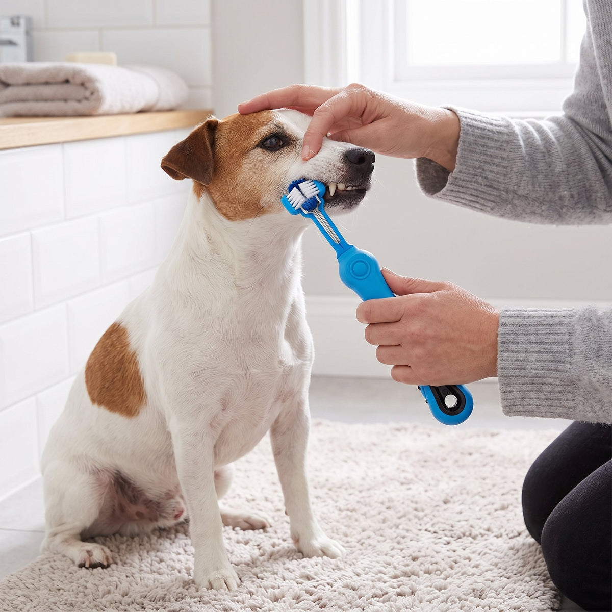 Easy 3 Head Pet Toothbrush in use – owner brushing a Jack Russell Terrier's teeth in the bathroom