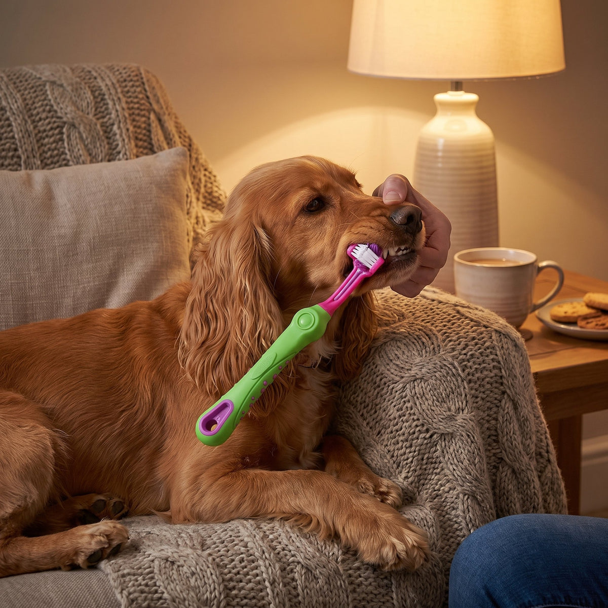 Easy 3 Head Pet Toothbrush in green – brushing a relaxed Cocker Spaniel's teeth on the sofa