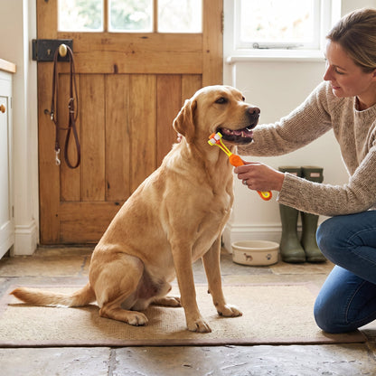 Easy 3 Head Pet Toothbrush in orange – brushing a Labrador's teeth in the kitchen after a walk