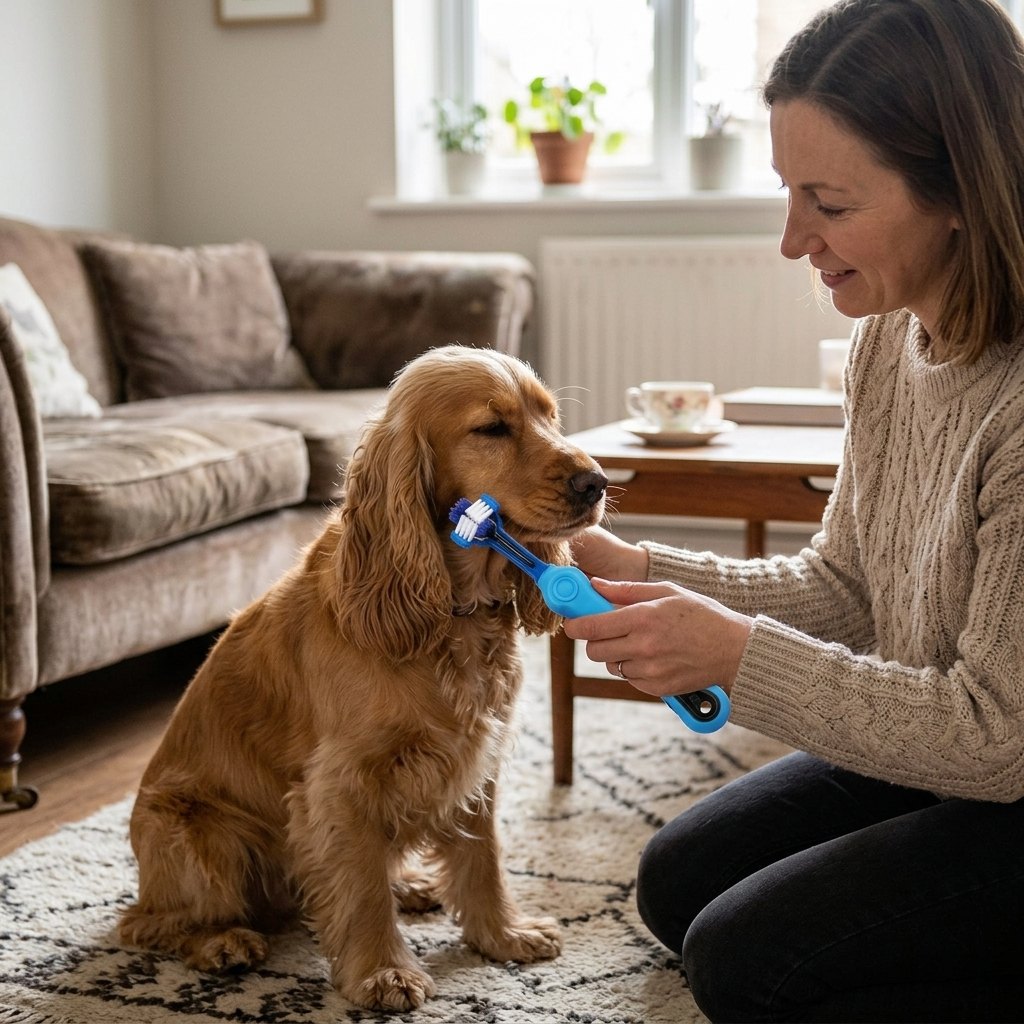 Owner brushing a Cocker Spaniel's teeth with the blue three-headed dog toothbrush