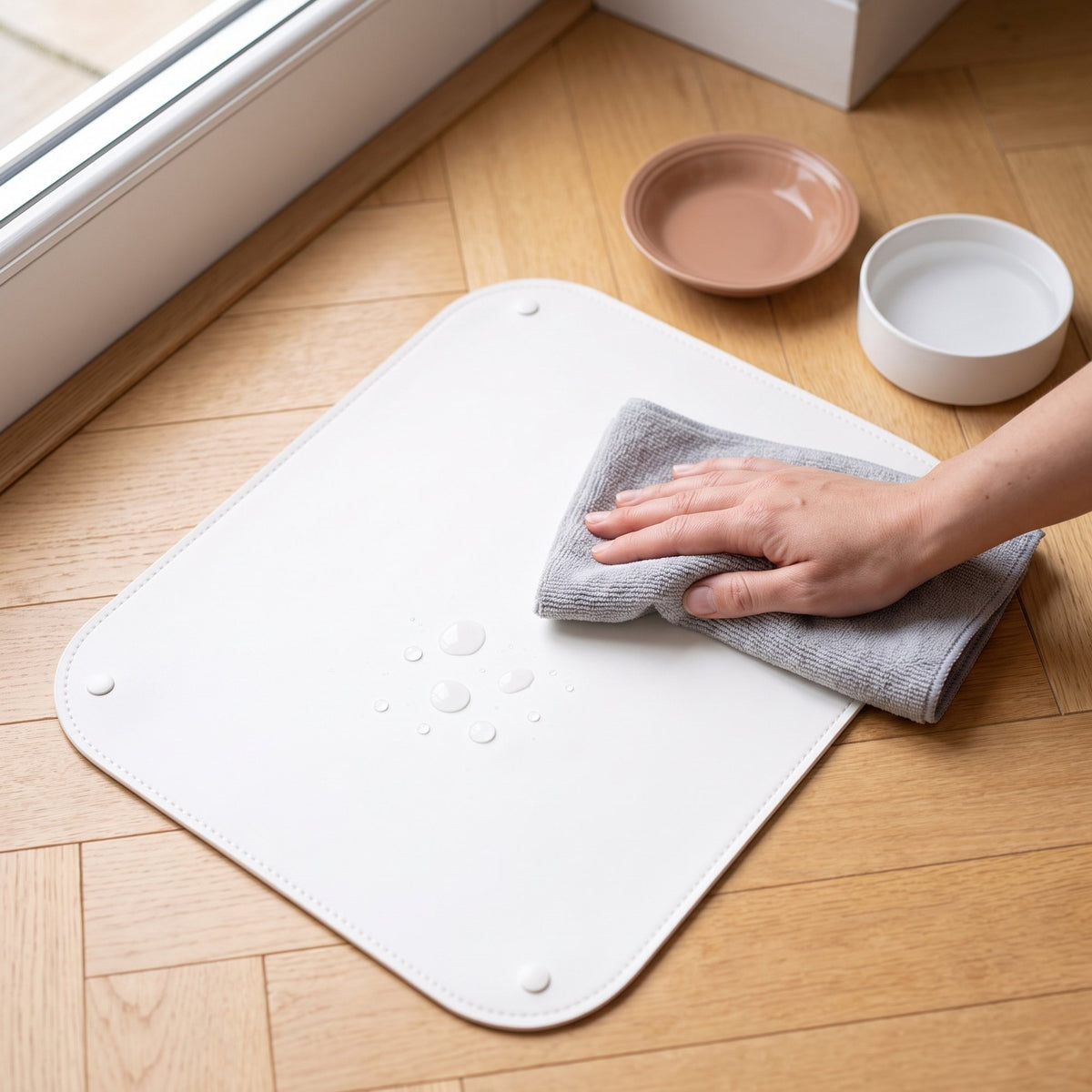 Easy Clean Pet Food Mat Tray – wiping spills off the water-resistant surface