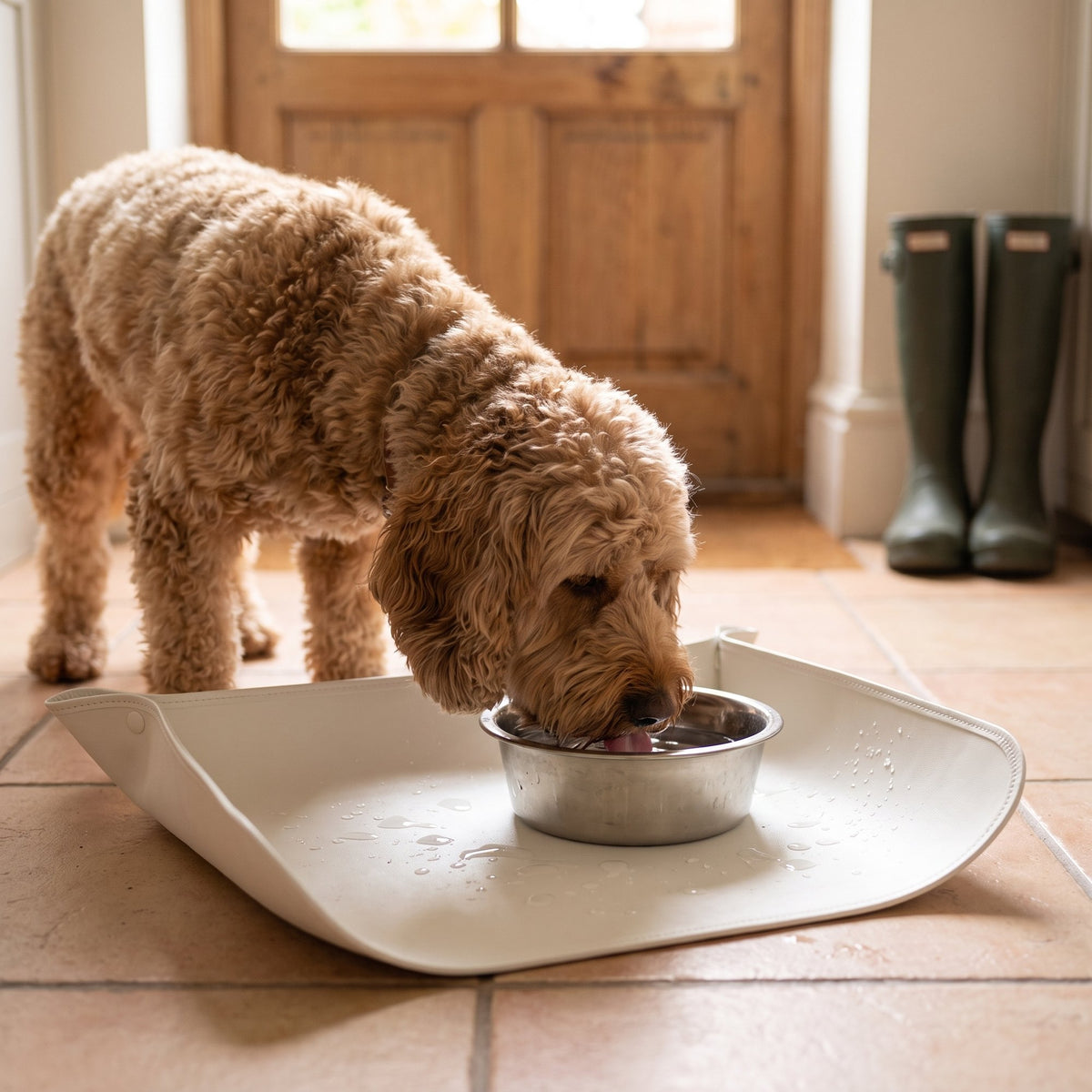 Easy Clean Pet Food Mat Tray – dog drinking from a bowl on the mat