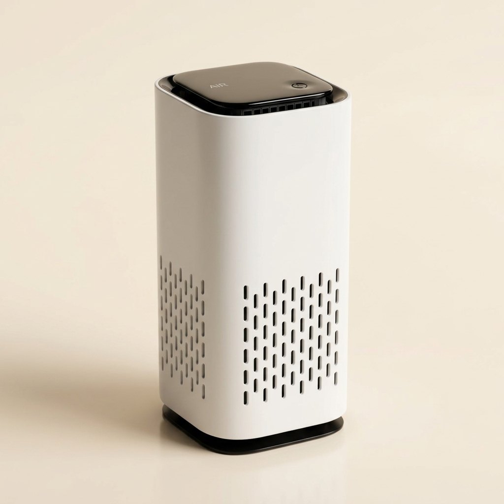 Compact pet air purifier in white with black top panel, studio photo on a warm cream background
