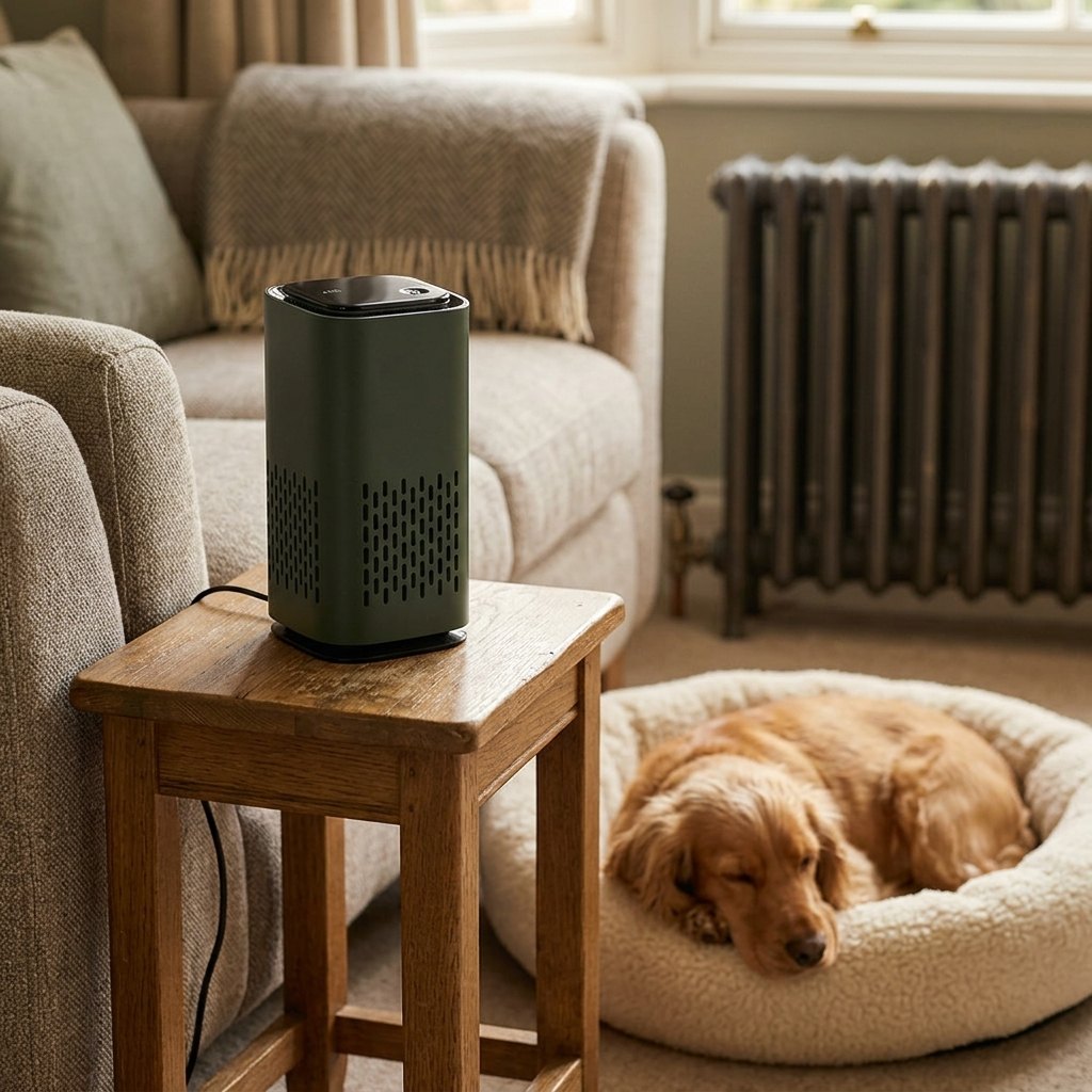 Green compact pet air purifier on a side table in a living room next to a sleeping dog in its bed