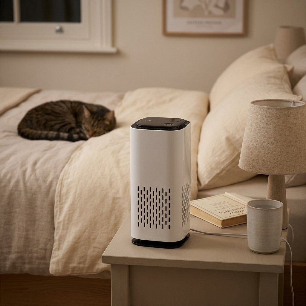 White compact pet air purifier on a bedside table with a cat sleeping on the bed