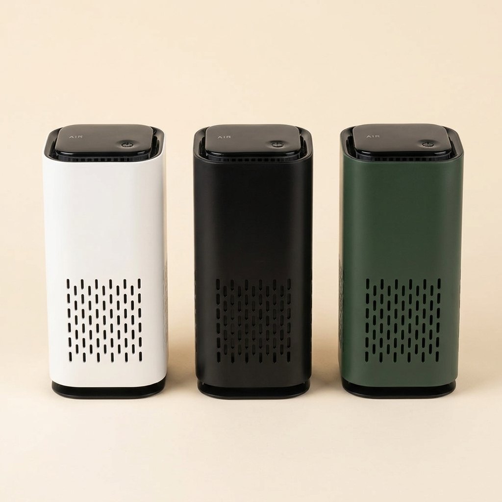 Compact pet air purifier in three colours: White, Black and Green