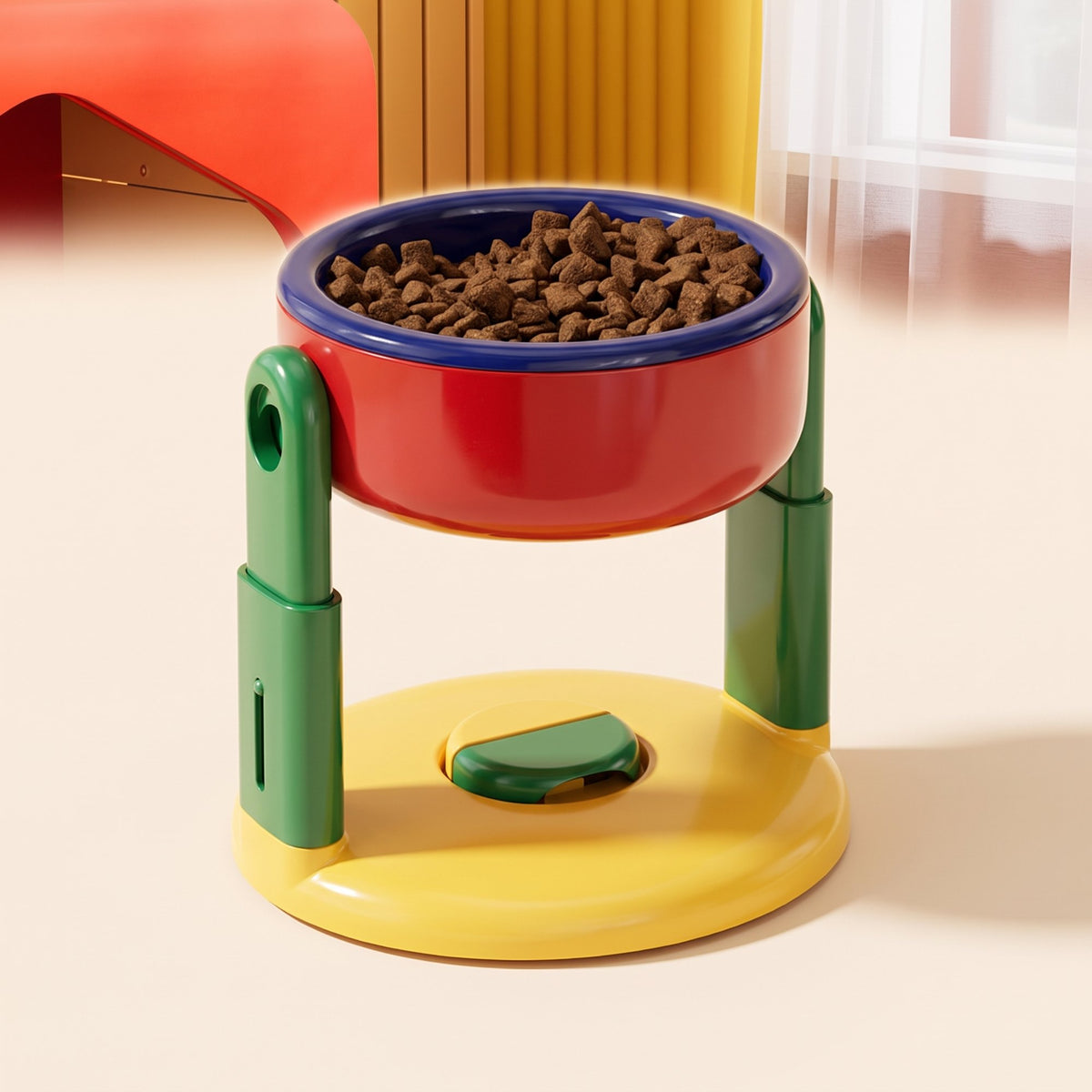 Elevated pet feeder with non-slip adjustable base in red, bowl filled with dry kibble, on a cream background