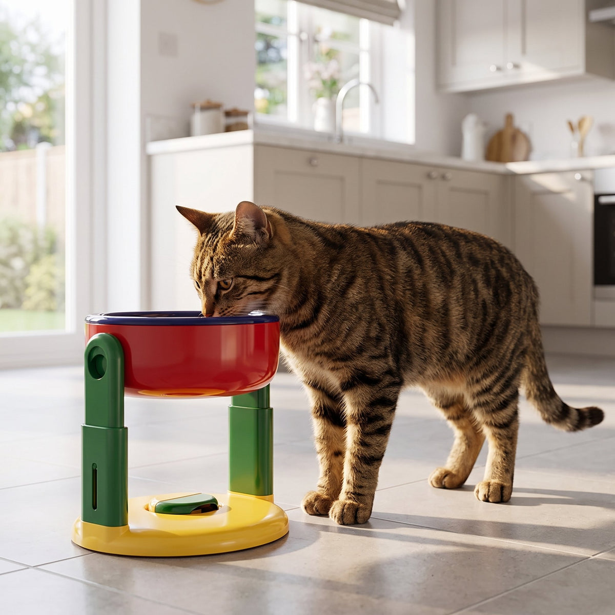 Tabby cat eating comfortably from the red elevated pet feeder in a bright kitchen