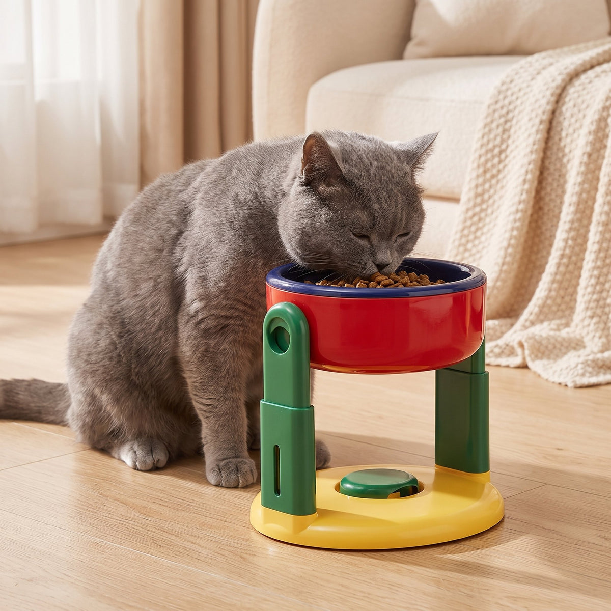 Older grey British Shorthair cat eating from the red elevated pet feeder in a cosy living room