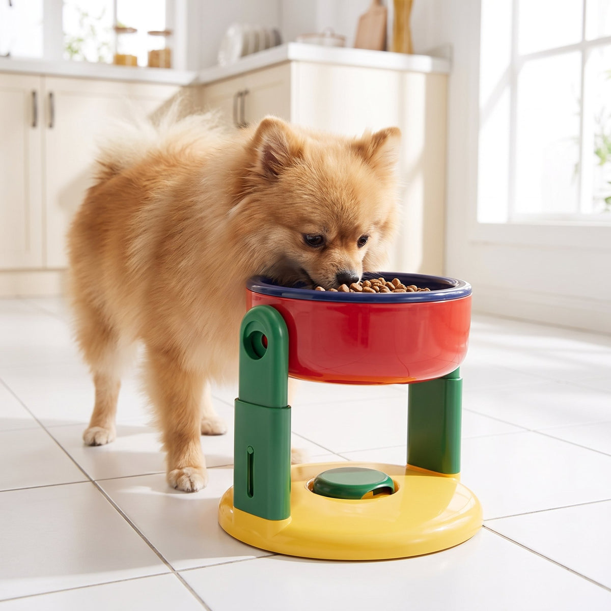 Small dog eating from the red elevated pet feeder on a white tiled kitchen floor