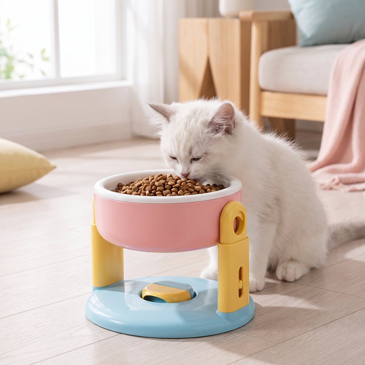 White kitten eating from the pink elevated pet feeder with yellow legs and light-blue base