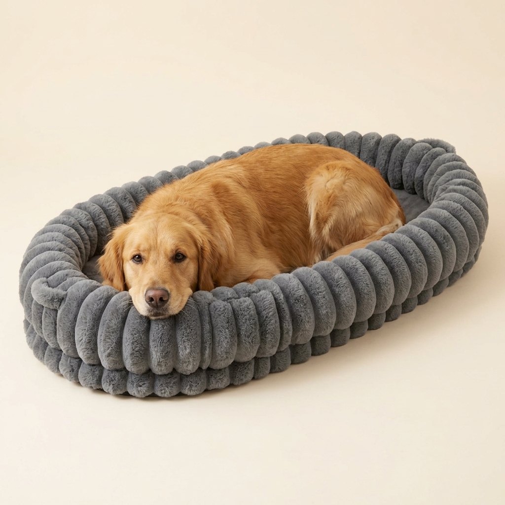 Extra Big Plush Dog and Person Bed in gray with a Golden Retriever curled up inside