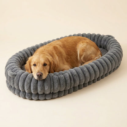 Extra Big Plush Dog and Person Bed in gray with a Golden Retriever curled up inside