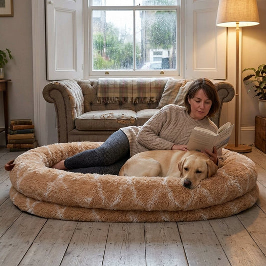 Extra Big Plush Dog and Person Bed in khaki – woman reading with a Labrador beside her in the living room