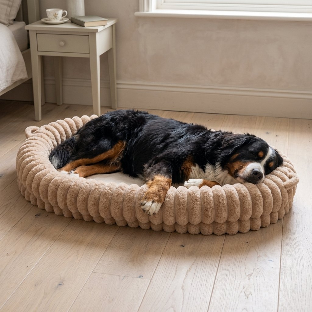 Extra Big Plush Dog and Person Bed in beige with a Bernese Mountain Dog stretched out asleep