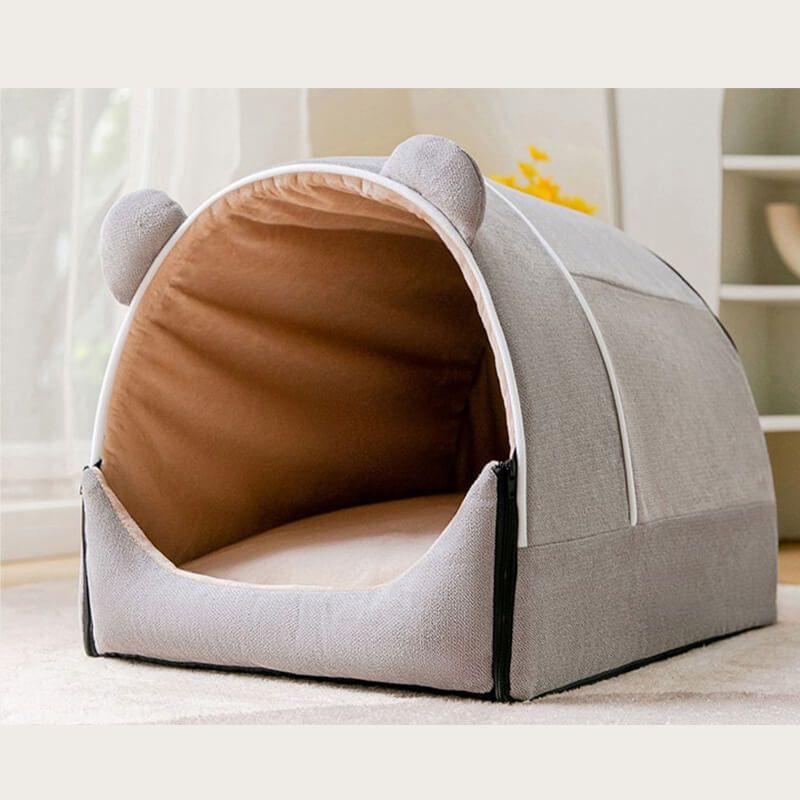 Pet Bed with Cute Ears - Convertible House & Mat – Grey