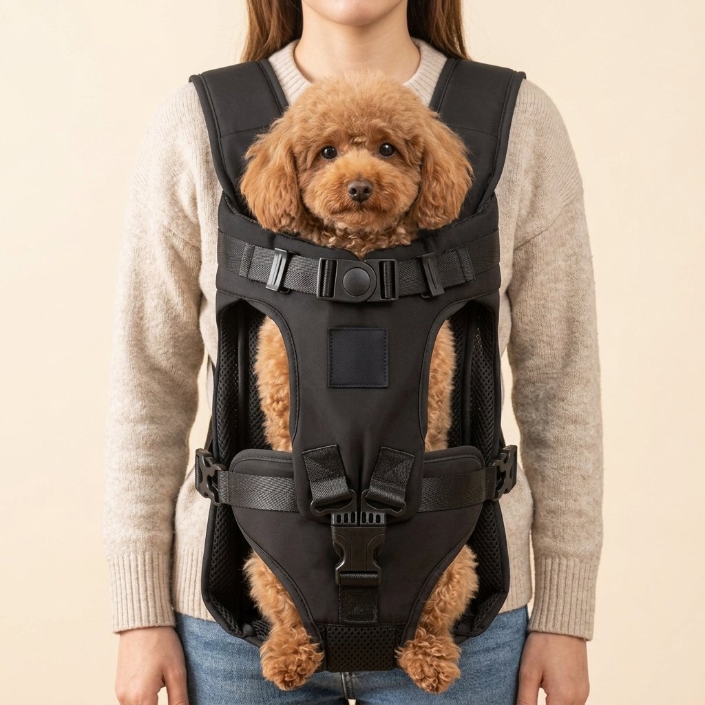 Front Dog Carrier in black worn on the chest with a small Toy Poodle sitting inside, hands free