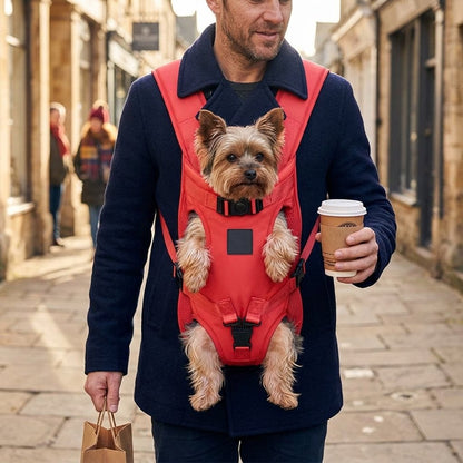 Man walking through town with a coffee wearing the red Front Dog Carrier with a Yorkshire Terrier inside