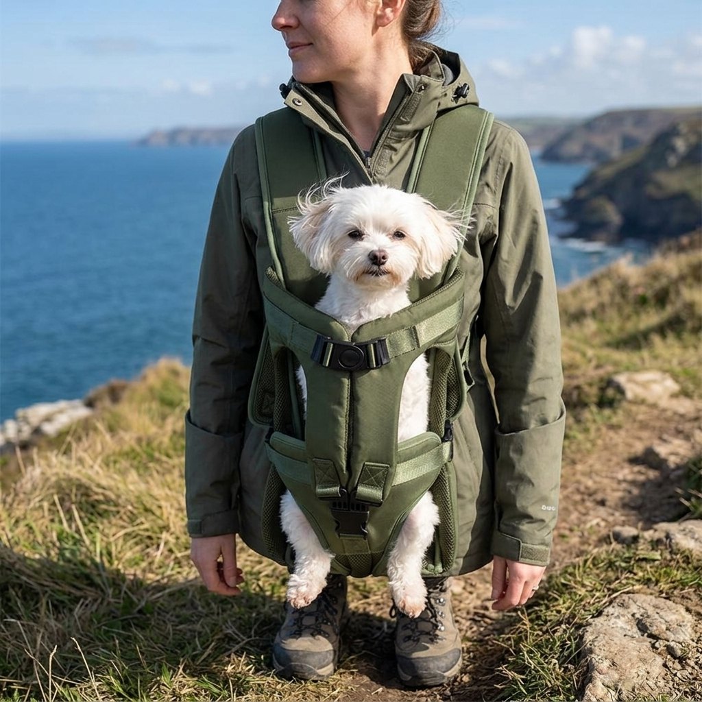 Woman on a coastal path wearing the green Front Dog Carrier with a small Maltese inside