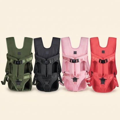 Front Dog Carrier hands-free backpack shown in all four colours: green, black, pink and red