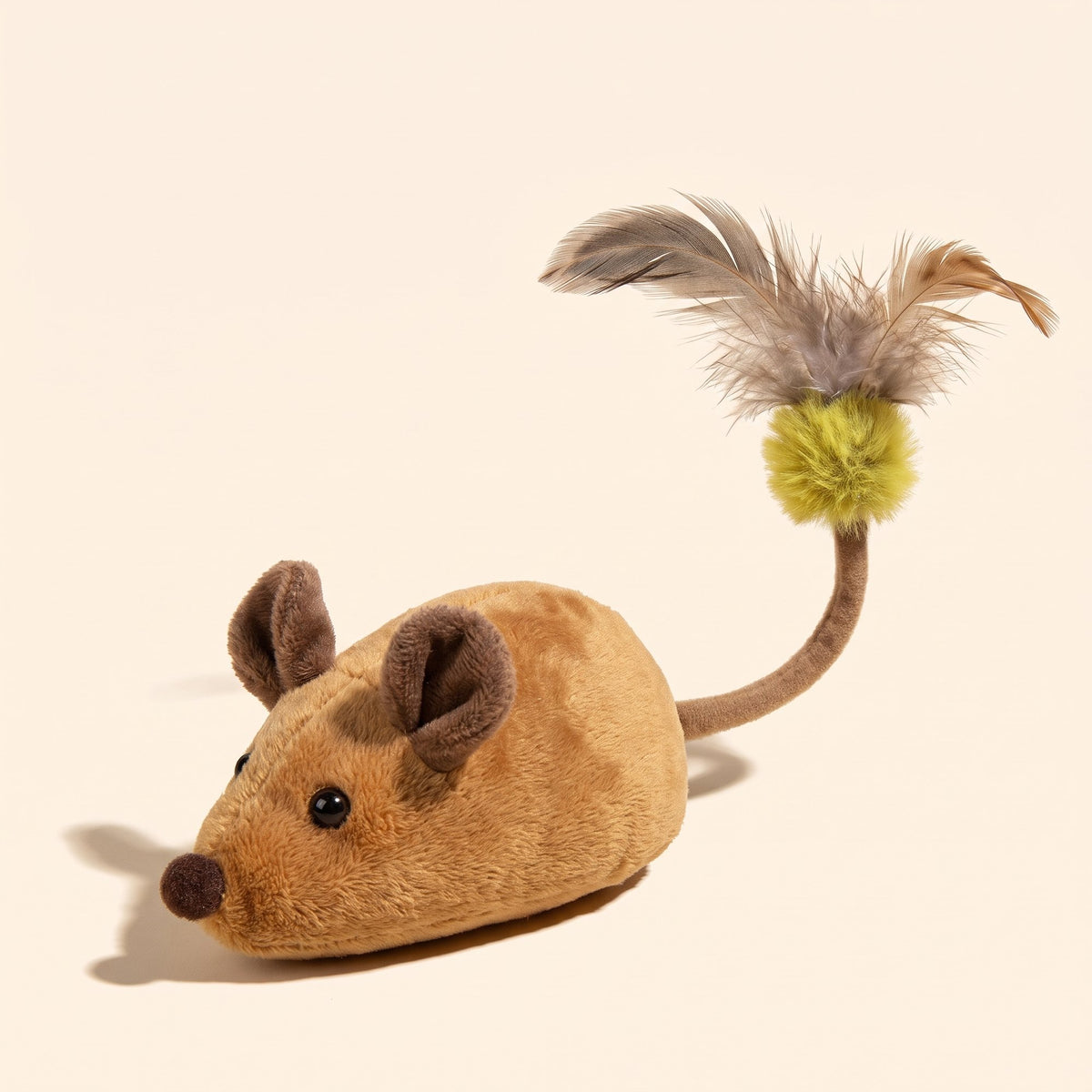 Interactive Pet Mouse Toy – brown plush mouse with feather tail on a cream background