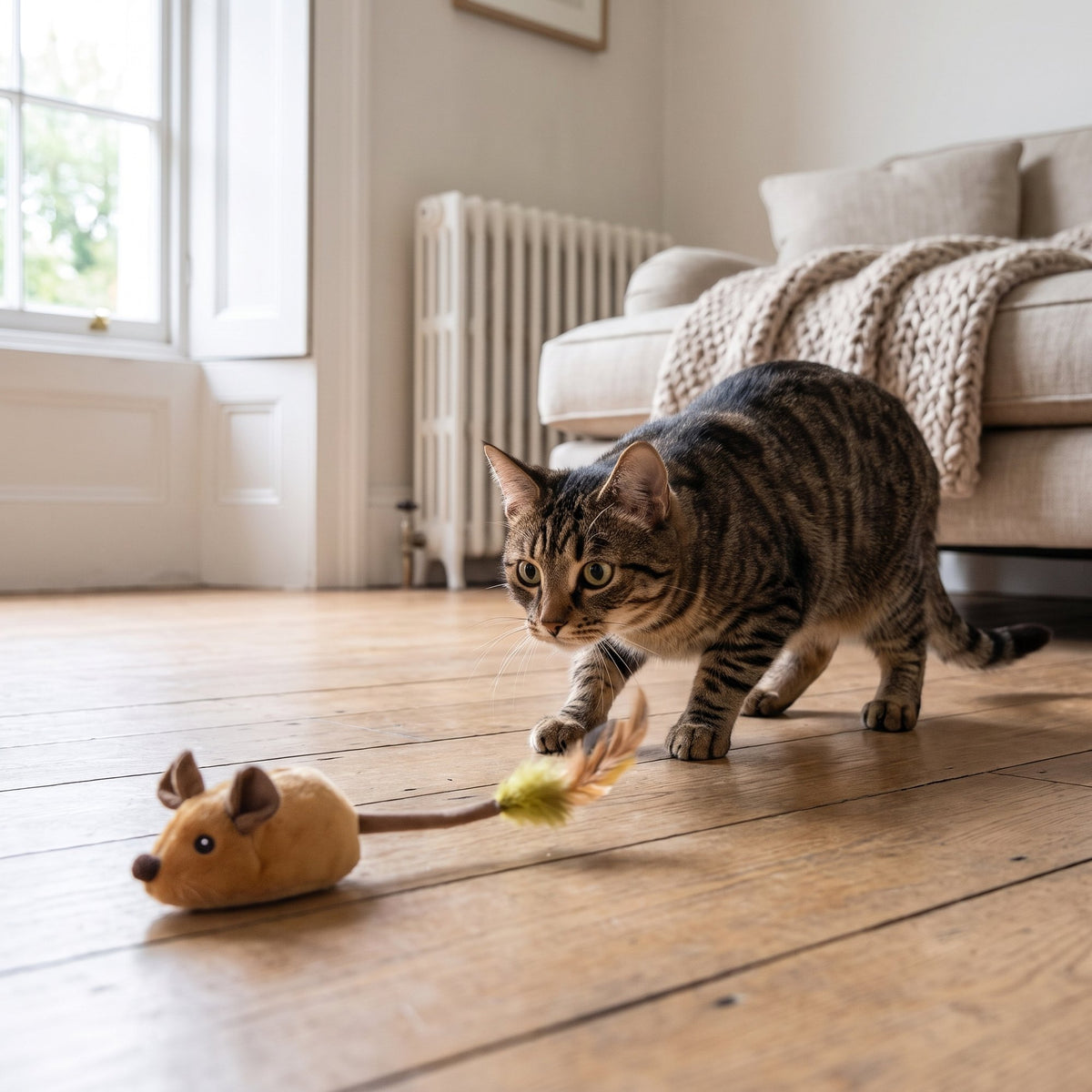 Interactive Pet Mouse Toy – tabby cat about to pounce on the brown mouse on a wooden living room floor