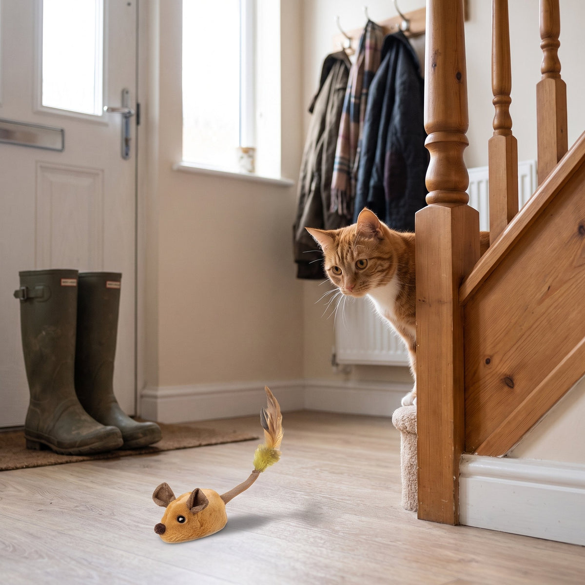 Interactive Pet Mouse Toy – ginger cat watching the brown mouse in a hallway