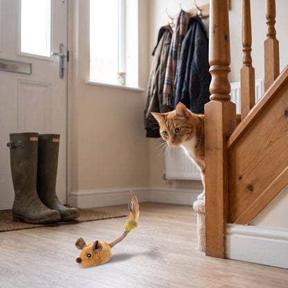 Interactive Pet Mouse Toy – ginger cat watching the brown mouse in a hallway