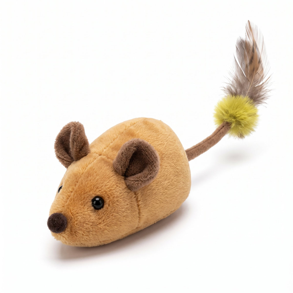Interactive Pet Mouse Toy in brown with feather tail – product photo on white background