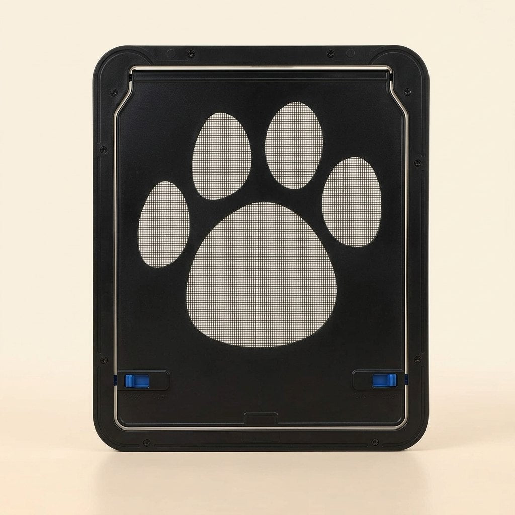 Magnetic lockable pet screen door – front view with paw-print mesh flap and two blue slide locks