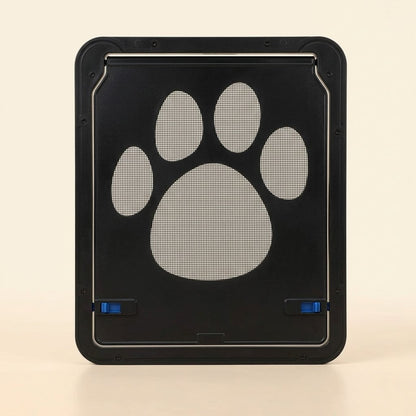 Magnetic lockable pet screen door – front view with paw-print mesh flap and two blue slide locks