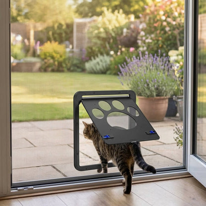 Magnetic lockable pet screen door – tabby cat stepping out to the garden through the flap in a patio fly screen