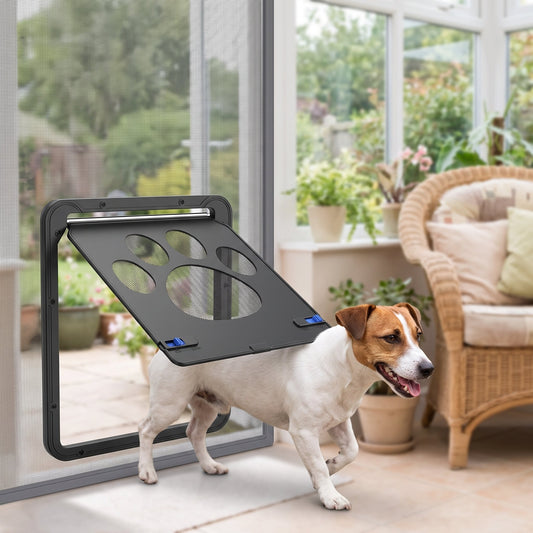 Magnetic lockable pet screen door – small dog coming back indoors through the flap in a conservatory fly screen