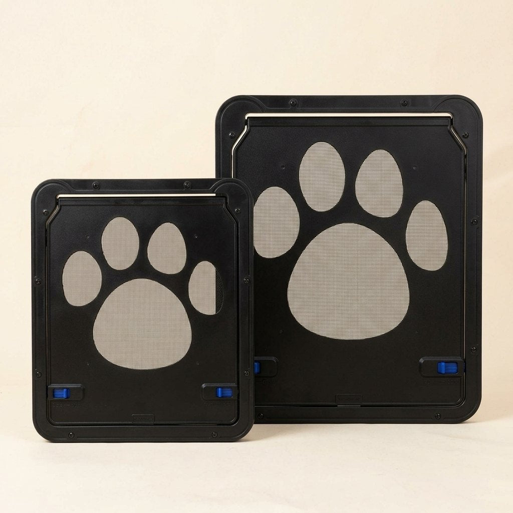 Magnetic lockable pet screen door – small 24 x 29 cm and large 37 x 42 cm sizes side by side