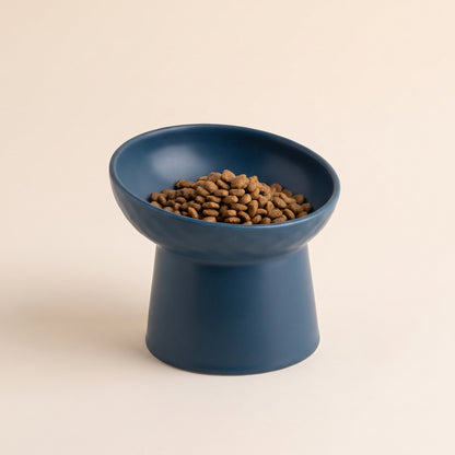 Modern Slanted Stoneware Pet Food Bowl in blue, filled with dry kibble, studio shot