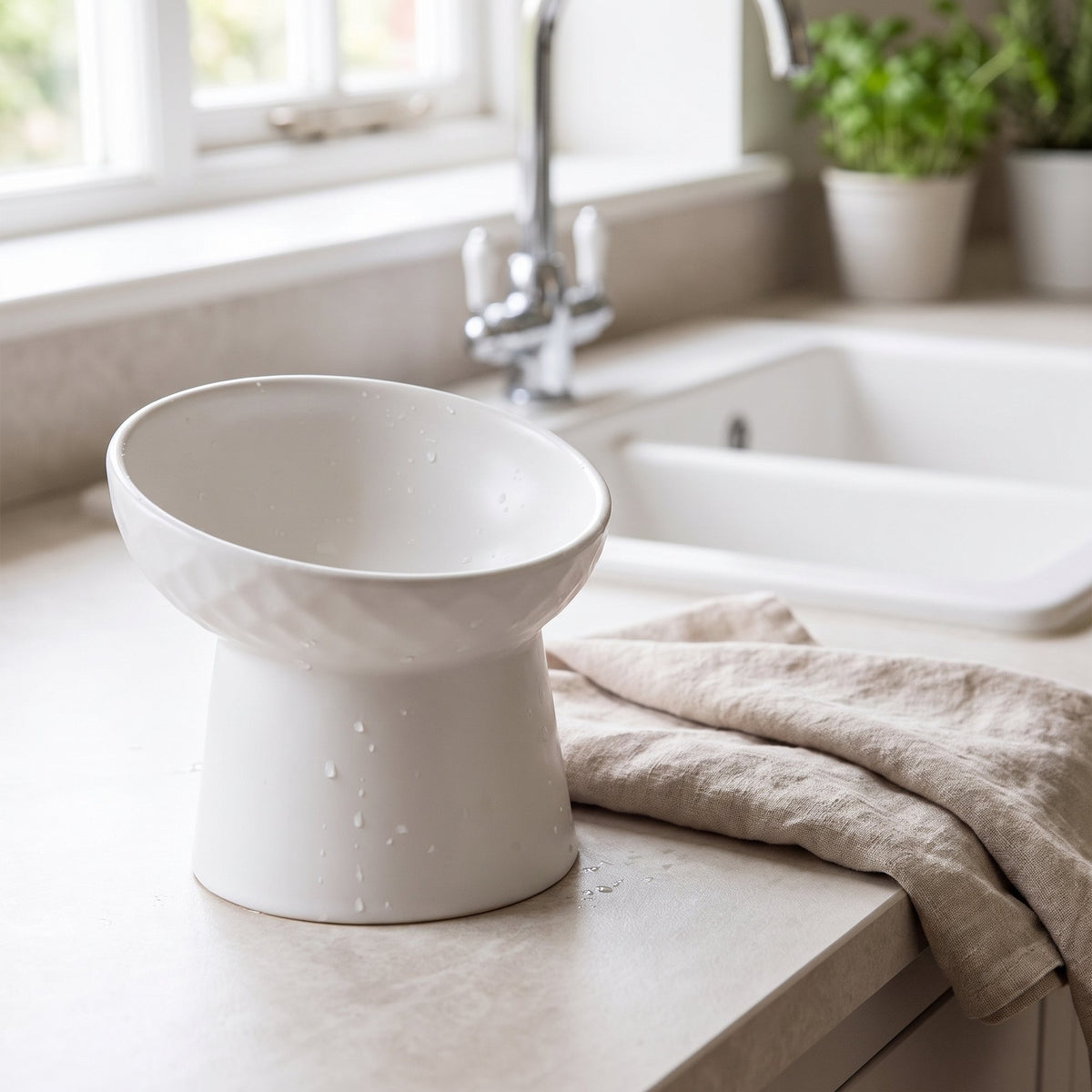 Modern Slanted Stoneware Pet Food Bowl in white, freshly rinsed on a kitchen worktop