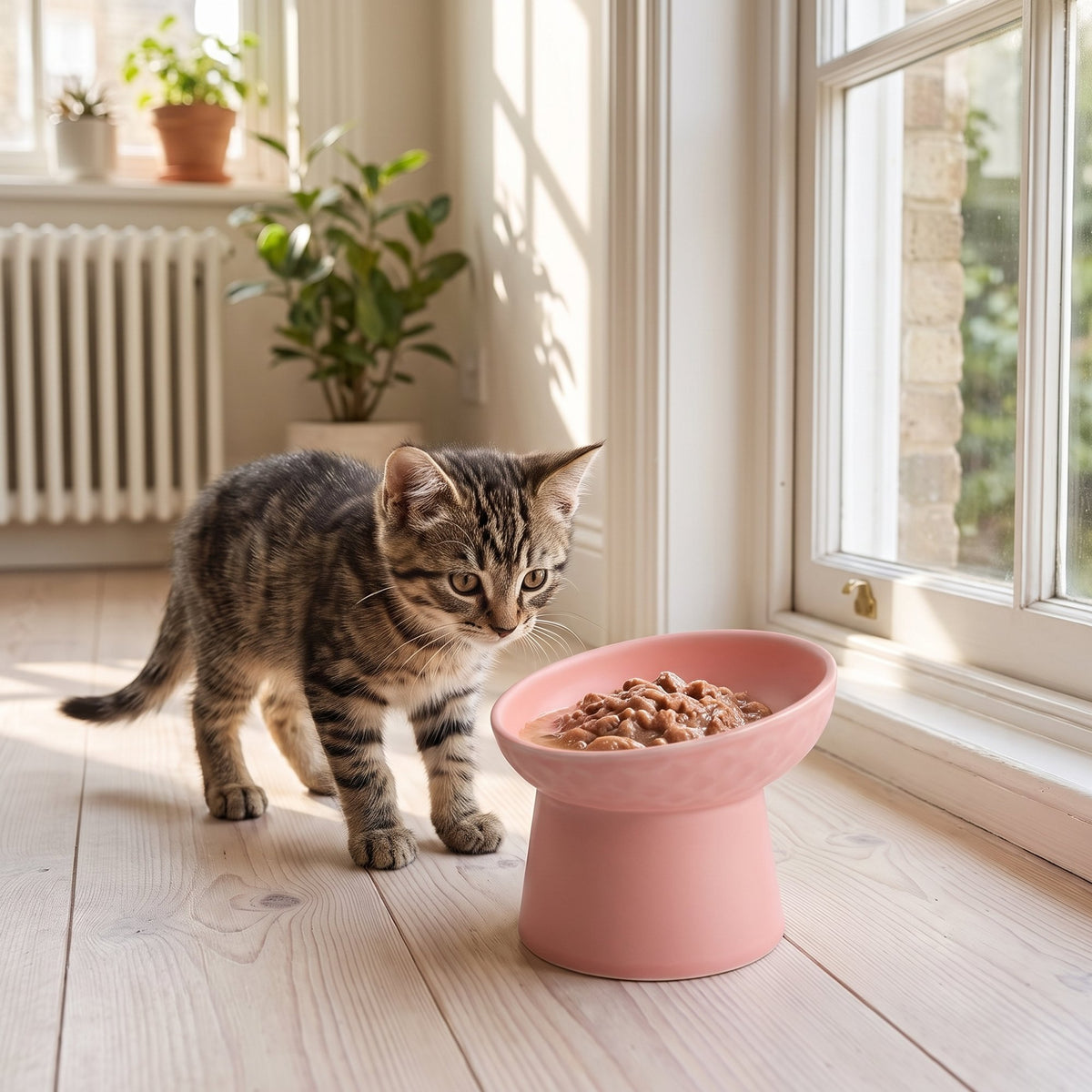 Modern Slanted Stoneware Pet Food Bowl – tabby kitten walking to the pink bowl by a sunny window