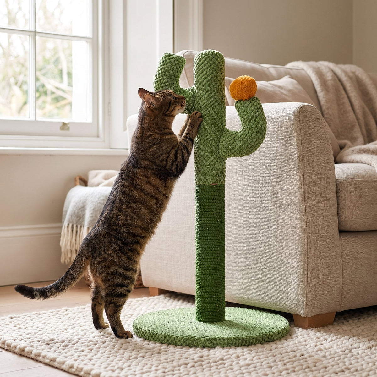 Natural Sisal Cat Scratching Post – tabby cat stretching and scratching the sisal trunk next to a sofa