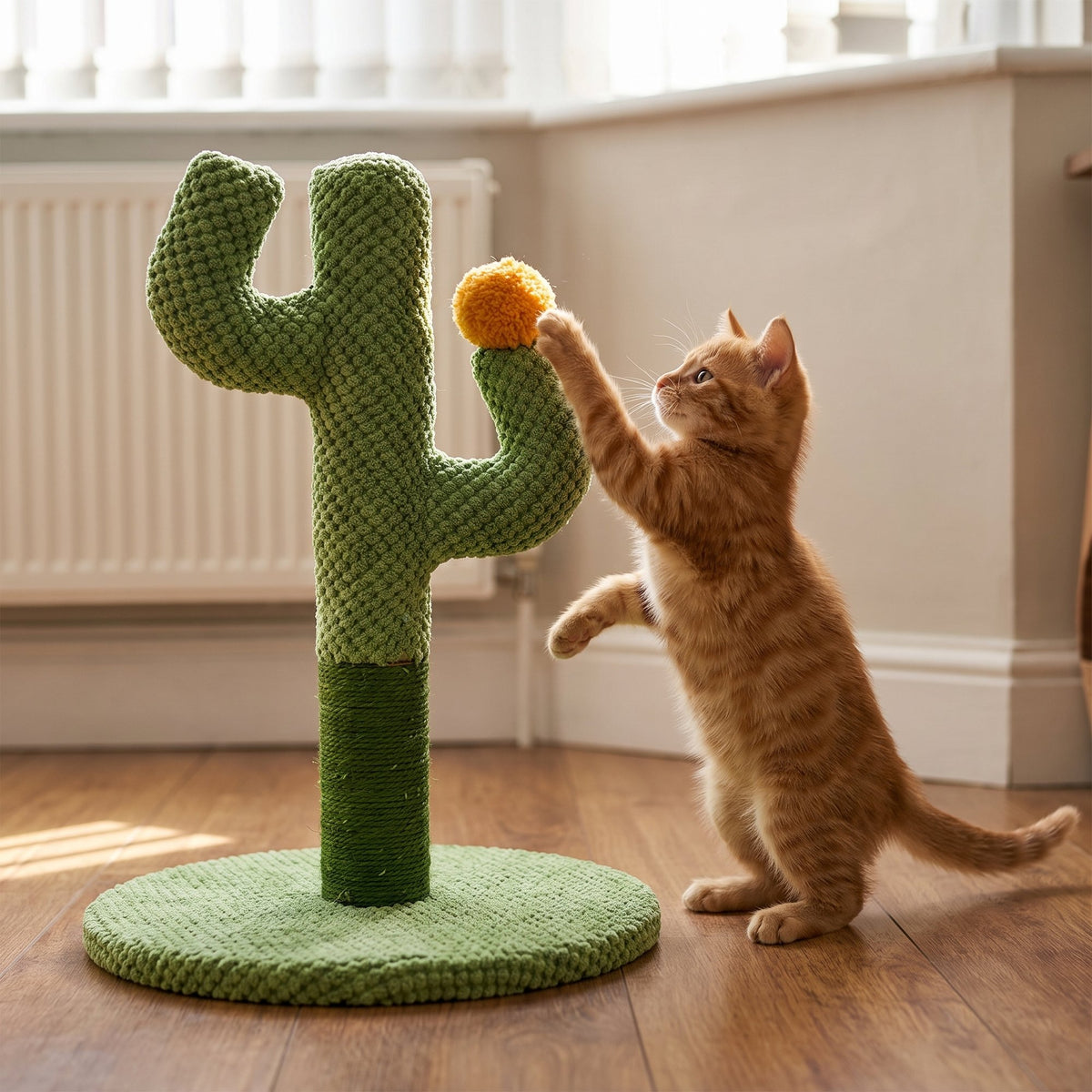 Natural Sisal Cat Scratching Post – ginger kitten reaching for the pompom play ball