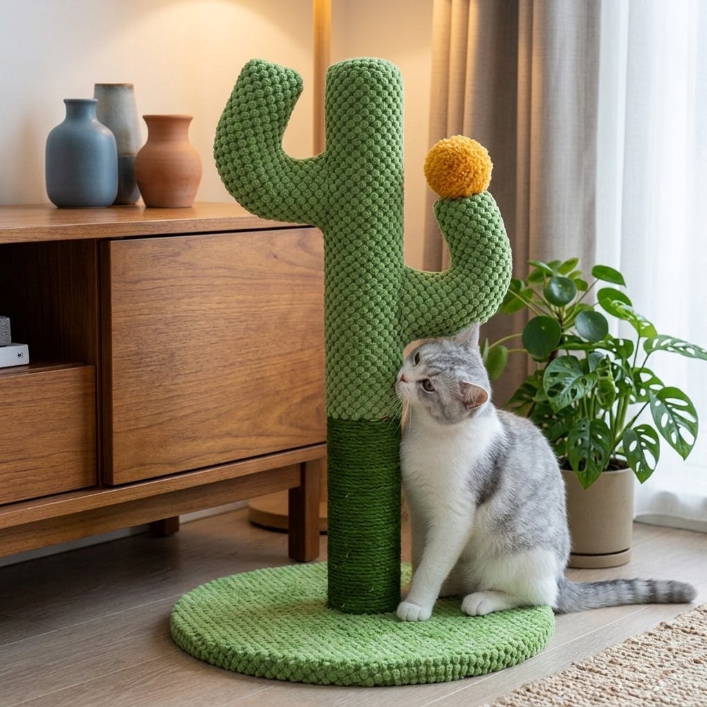 Natural Sisal Cat Scratching Post – grey cat sitting on the round base in a flat corner