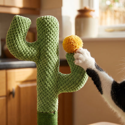Natural Sisal Cat Scratching Post – cat batting the pompom ball with its paw